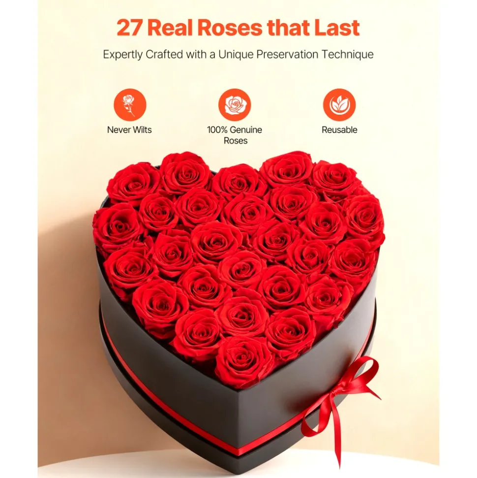 VEVOR Forever Flowers, 27 Preserved Roses in a Heart Shape Box, Eternal Flowers Immortal Bouquet Birthday Present for Delivery Prime Women Her Wife Mothers, Anniversary, Valentine's Day,Christmas, Red