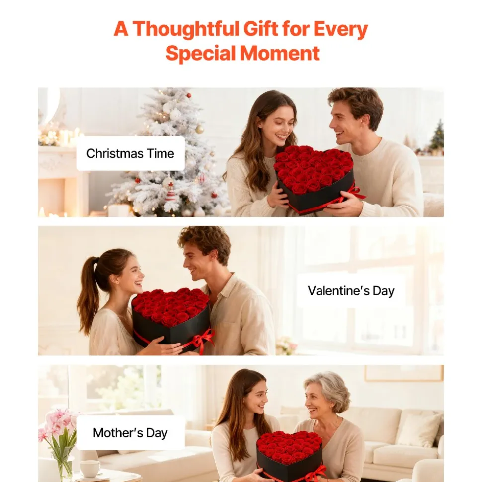 VEVOR Forever Flowers, 27 Preserved Roses in a Heart Shape Box, Eternal Flowers Immortal Bouquet Birthday Present for Delivery Prime Women Her Wife Mothers, Anniversary, Valentine's Day,Christmas, Red