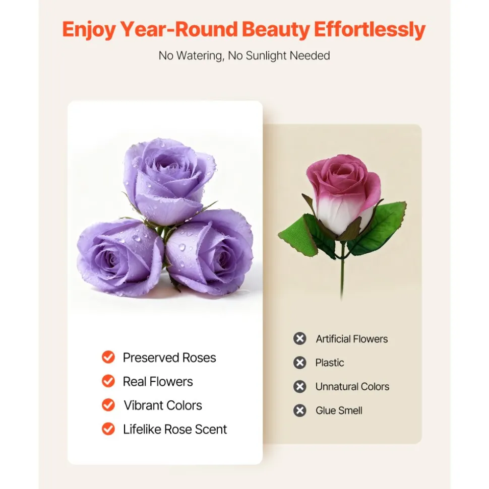 VEVOR Forever Flowers, 50 Preserved Roses in a Box, Eternal Flowers Immortal Bouquet Birthday Present for Women Her Wife Mothers, Anniversary, Valentine's Day,Christmas, Lavender Purple