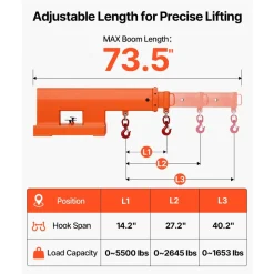 VEVOR Forklift Jib Boom Crane, 5500 lbs Capacity, Forklift Mobile Crane Lifting Hoist with 2 Hooks, Manual Telescopic 47.2-73.5 in, Boom Attachment Towing Handling Equipment for Warehouse & Factories