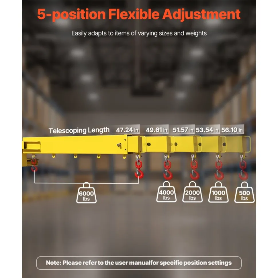 VEVOR Forklift Jib Boom Crane, 6000lbs Capacity, Manual Telescoping Boom Extends Up to 56.1 inches, Forklift Mobile Crane with 2 Hooks, Adjustable Forklift Crane Attachment for Warehouse, Factories