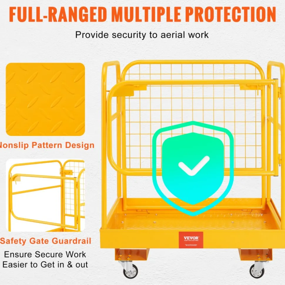 VEVOR Forklift Safety Cage, 1200 lbs Load Capacity, 36 x 36 inches Folding Forklift Work Platform with Lockable Swivel Wheels, Drain Hole & Device Chain, Holds 1 to 2 Adults, Perfect for Aerial Work