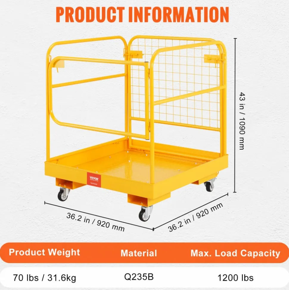 VEVOR Forklift Safety Cage, 1200 lbs Load Capacity, 36 x 36 inches Folding Forklift Work Platform with Lockable Swivel Wheels, Drain Hole & Device Chain, Holds 1 to 2 Adults, Perfect for Aerial Work