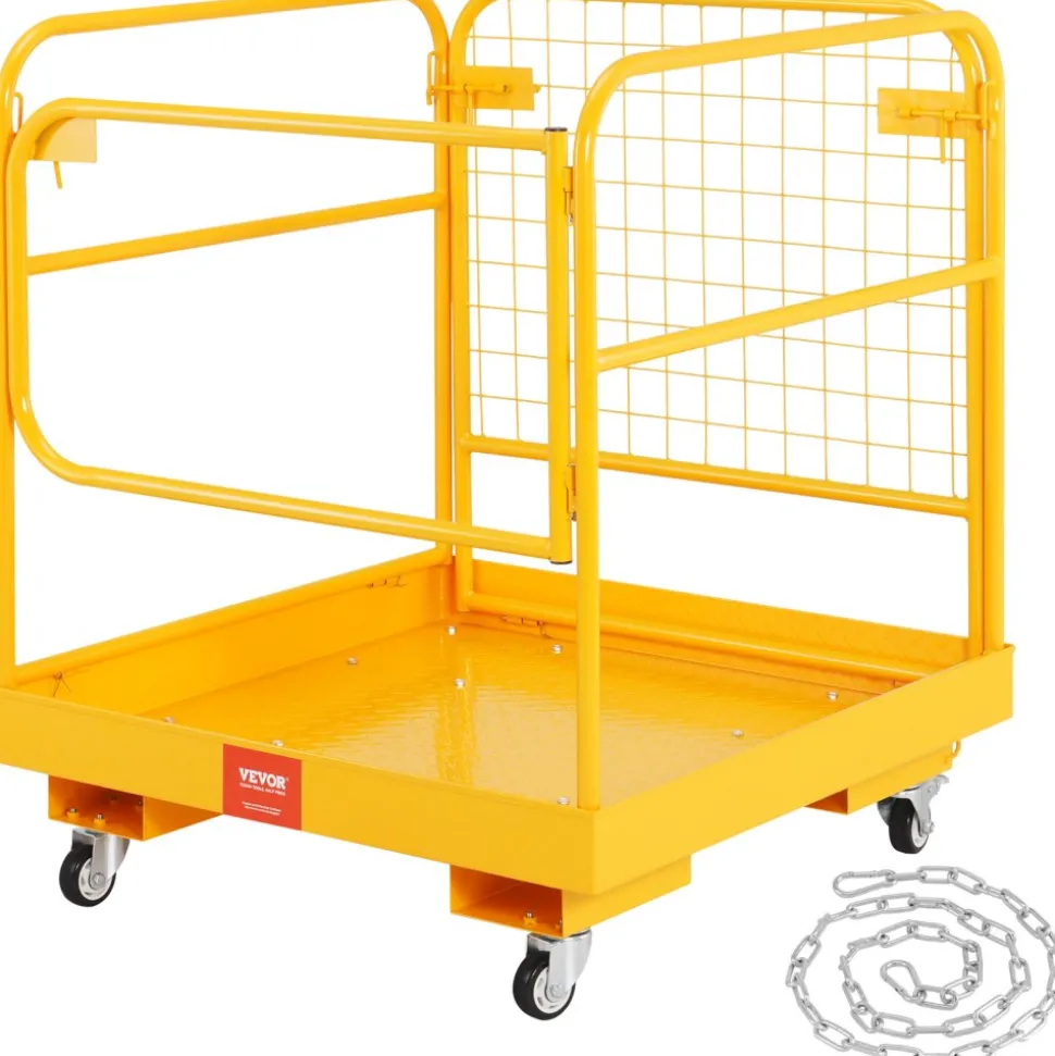 VEVOR Forklift Safety Cage, 1200 lbs Load Capacity, 36 x 36 inches Folding Forklift Work Platform with Lockable Swivel Wheels, Drain Hole & Device Chain, Holds 1 to 2 Adults, Perfect for Aerial Work