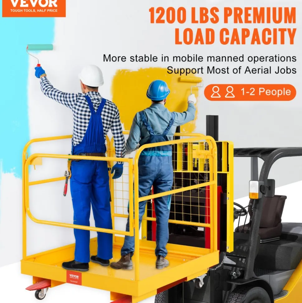 VEVOR Forklift Safety Cage, 1200 lbs Load Capacity, 36 x 36 inches Folding Forklift Work Platform with Lockable Swivel Wheels, Drain Hole & Device Chain, Holds 1 to 2 Adults, Perfect for Aerial Work