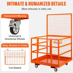 VEVOR Forklift Safety Cage, 1400lbs Load Capacity, 43'' x 45'' Forklift Work Platform with Safety Harness & Lock, Drain Hole & Wheels & Tool Basket, Dual Nonslip Design Perfect for Aerial Work