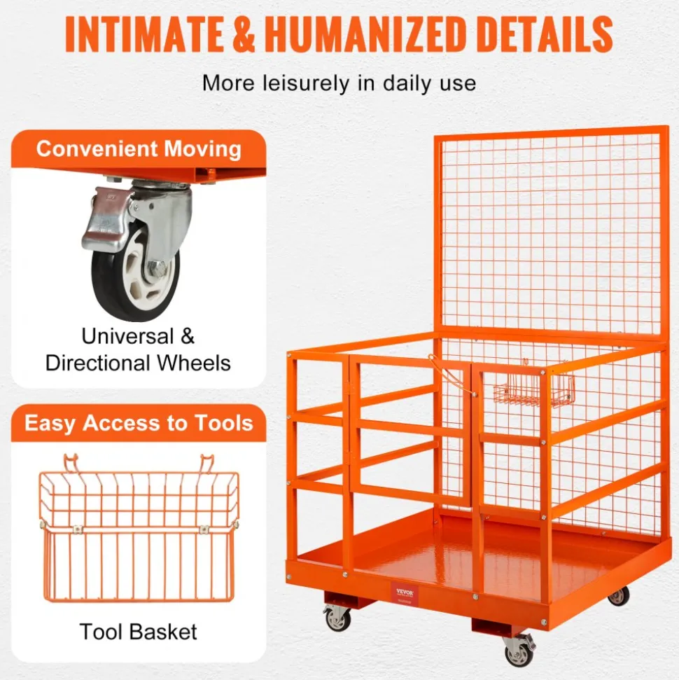 VEVOR Forklift Safety Cage, 1400lbs Load Capacity, 43'' x 45'' Forklift Work Platform with Safety Harness & Lock, Drain Hole & Wheels & Tool Basket, Dual Nonslip Design Perfect for Aerial Work