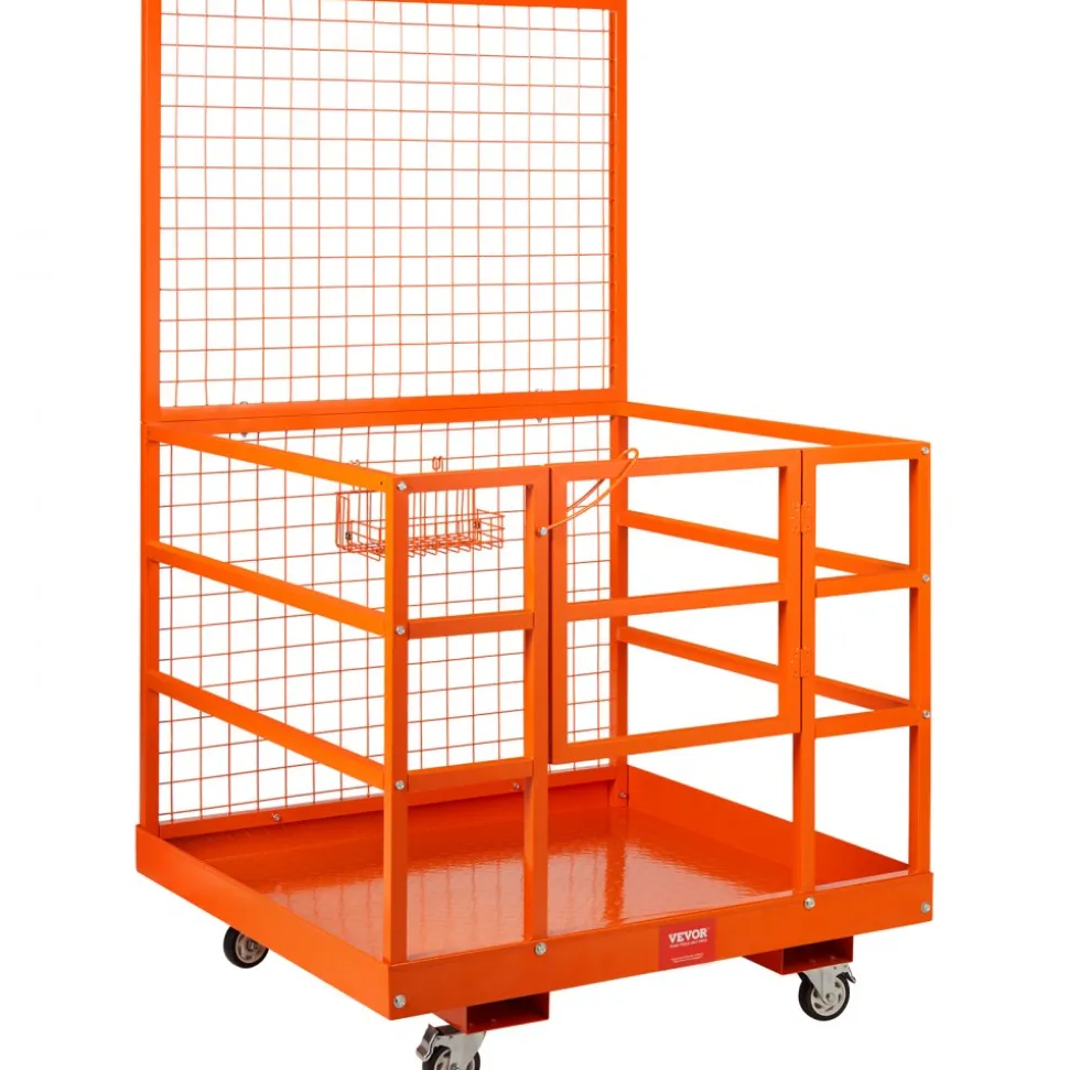 VEVOR Forklift Safety Cage, 1400lbs Load Capacity, 43'' x 45'' Forklift Work Platform with Safety Harness & Lock, Drain Hole & Wheels & Tool Basket, Dual Nonslip Design Perfect for Aerial Work