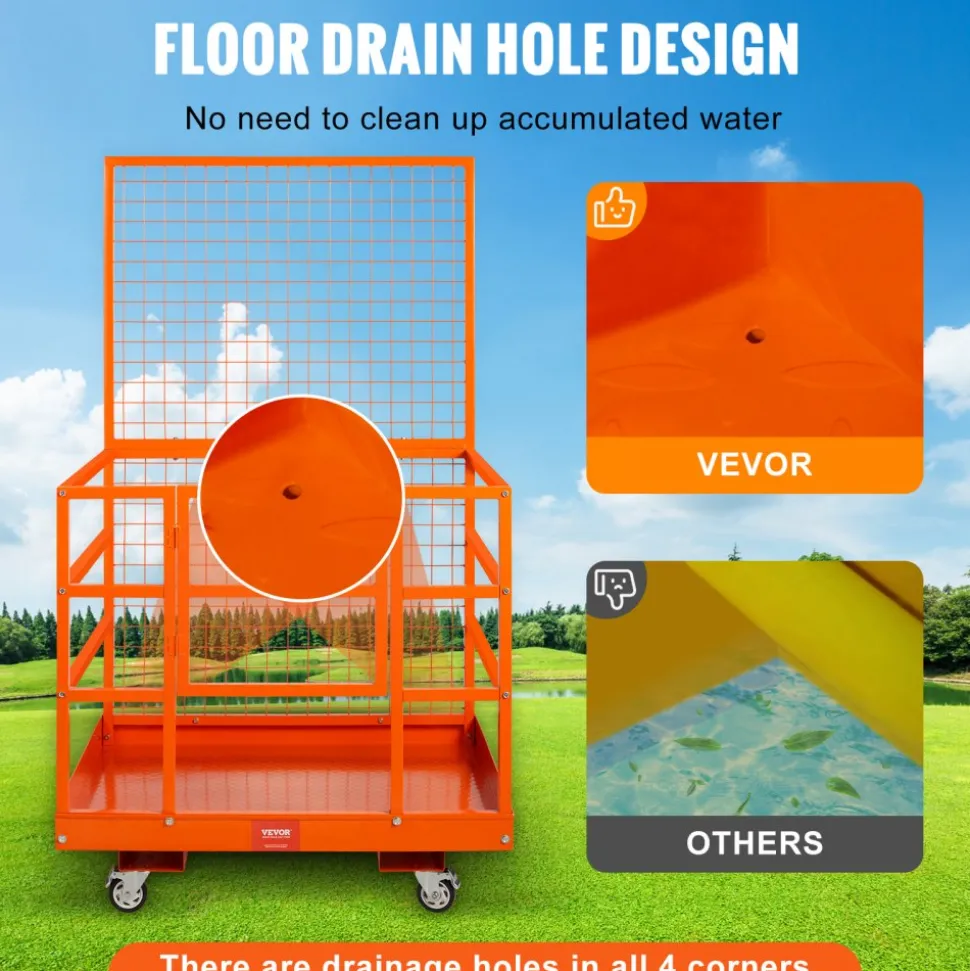 VEVOR Forklift Safety Cage, 1400lbs Load Capacity, 43'' x 45'' Forklift Work Platform with Safety Harness & Lock, Drain Hole & Wheels & Tool Basket, Dual Nonslip Design Perfect for Aerial Work