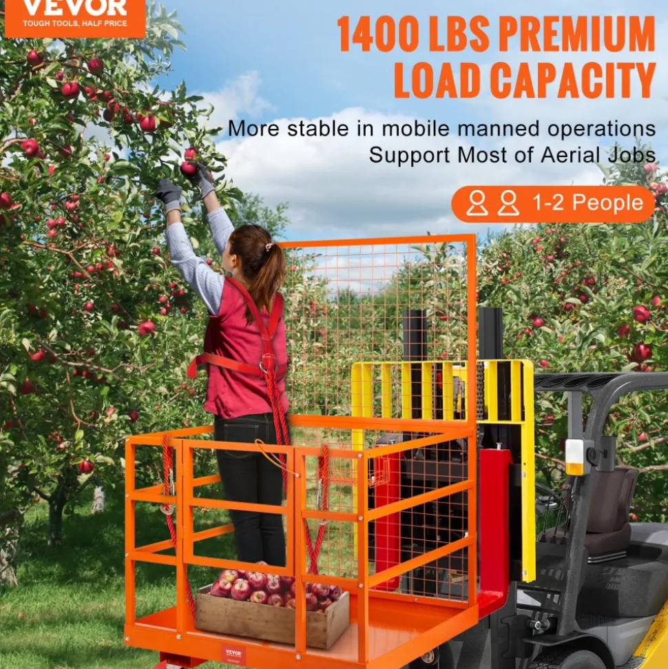 VEVOR Forklift Safety Cage, 1400lbs Load Capacity, 43'' x 45'' Forklift Work Platform with Safety Harness & Lock, Drain Hole & Wheels & Tool Basket, Dual Nonslip Design Perfect for Aerial Work