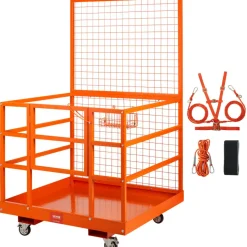 VEVOR Forklift Safety Cage, 1400lbs Load Capacity, 43'' x 45'' Forklift Work Platform with Safety Harness & Lock, Drain Hole & Wheels & Tool Basket, Dual Nonslip Design Perfect for Aerial Work