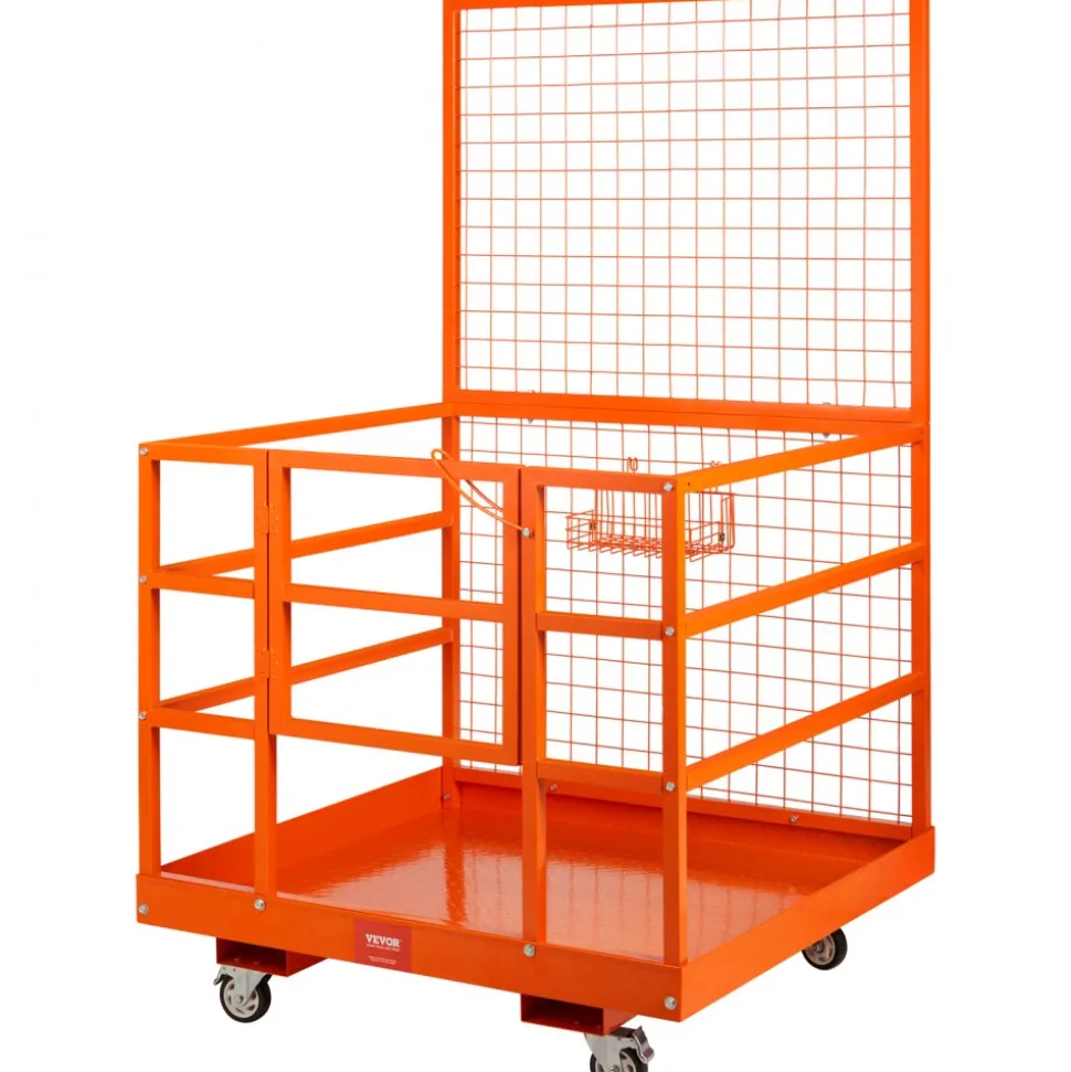 VEVOR Forklift Safety Cage, 1400lbs Load Capacity, 43'' x 45'' Forklift Work Platform with Safety Harness & Lock, Drain Hole & Wheels & Tool Basket, Dual Nonslip Design Perfect for Aerial Work