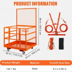 VEVOR Forklift Safety Cage, 1400lbs Load Capacity, 43'' x 45'' Forklift Work Platform with Safety Harness & Lock, Drain Hole & Wheels & Tool Basket, Dual Nonslip Design Perfect for Aerial Work