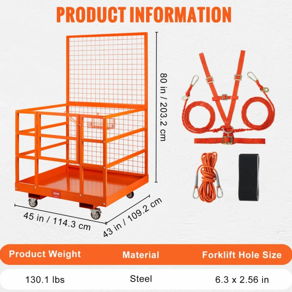 VEVOR Forklift Safety Cage, 1400lbs Load Capacity, 43'' x 45'' Forklift Work Platform with Safety Harness & Lock, Drain Hole & Wheels & Tool Basket, Dual Nonslip Design Perfect for Aerial Work