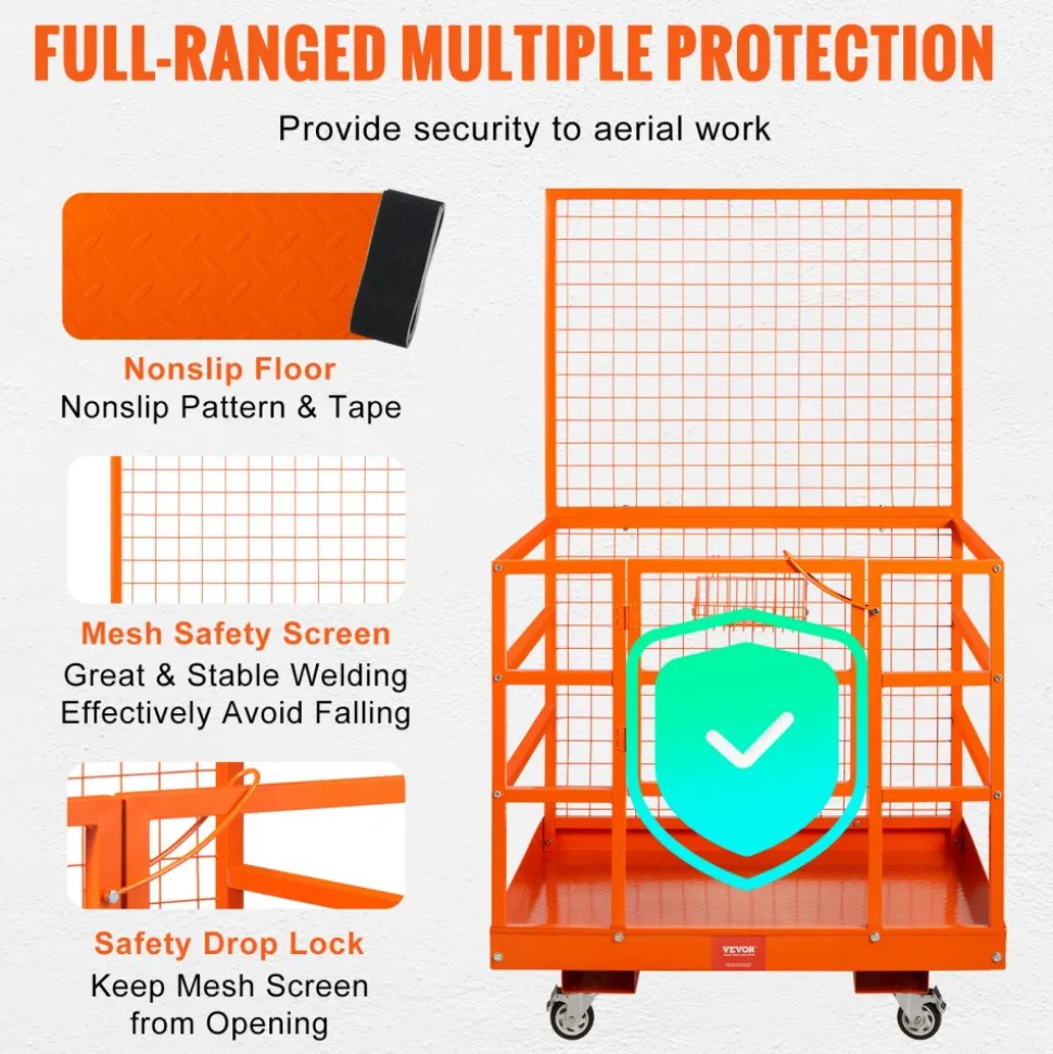 VEVOR Forklift Safety Cage, 1400lbs Load Capacity, 43'' x 45'' Forklift Work Platform with Safety Harness & Lock, Drain Hole & Wheels & Tool Basket, Dual Nonslip Design Perfect for Aerial Work