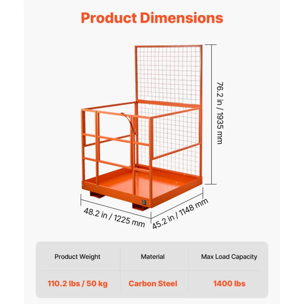 VEVOR Forklift Safety Cage, 48.2 x 45.2 Inch, Heavy Duty Forklift Man Basket, 1400 lbs Capacity Collapsible Work Platform Lift Basket with Safety Harness & Lock, for Most Aerial Jobs Lifting Loader