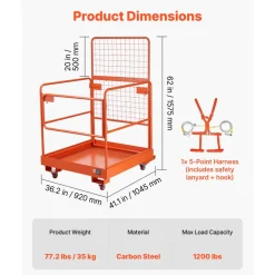VEVOR Forklift Safety Cage, 36.2 x 41.1 Inch, Forklift Man Basket with 4 Wheels, 1200 lbs Capacity, Heavy Duty Work Platform Collapsible Lift Basket, Safety Harness, for Aerial Work Lifting Loader