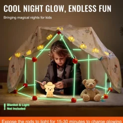 VEVOR Fort Building Kit for Kids, 140PCS Glow in The Dark STEM Building Toys, Educational Gift for 4 5 6 7 8+ Year Old Boys & Girls Indoor Outdoor Play Tent Construction Toys with 96 Rods and 44 Balls