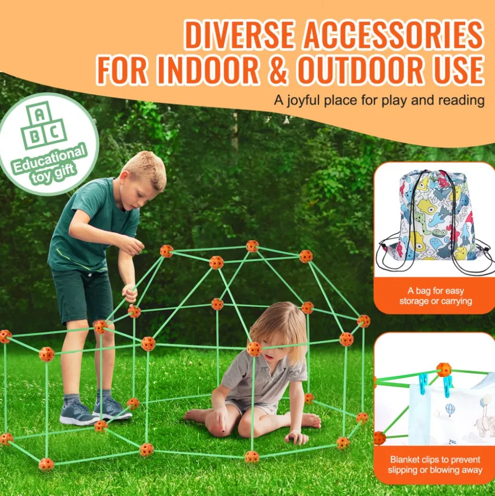 VEVOR Fort Building Kit for Kids, 140PCS Glow in The Dark STEM Building Toys, Educational Gift for 4 5 6 7 8+ Year Old Boys & Girls Indoor Outdoor Play Tent Construction Toys with 96 Rods and 44 Balls