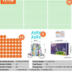 VEVOR Fort Building Kit for Kids, 140PCS Glow in The Dark STEM Building Toys, Educational Gift for 4 5 6 7 8+ Year Old Boys & Girls Indoor Outdoor Play Tent Construction Toys with 96 Rods and 44 Balls