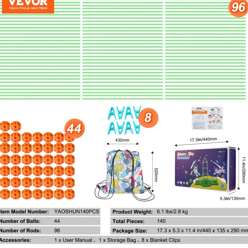 VEVOR Fort Building Kit for Kids, 140PCS Glow in The Dark STEM Building Toys, Educational Gift for 4 5 6 7 8+ Year Old Boys & Girls Indoor Outdoor Play Tent Construction Toys with 96 Rods and 44 Balls