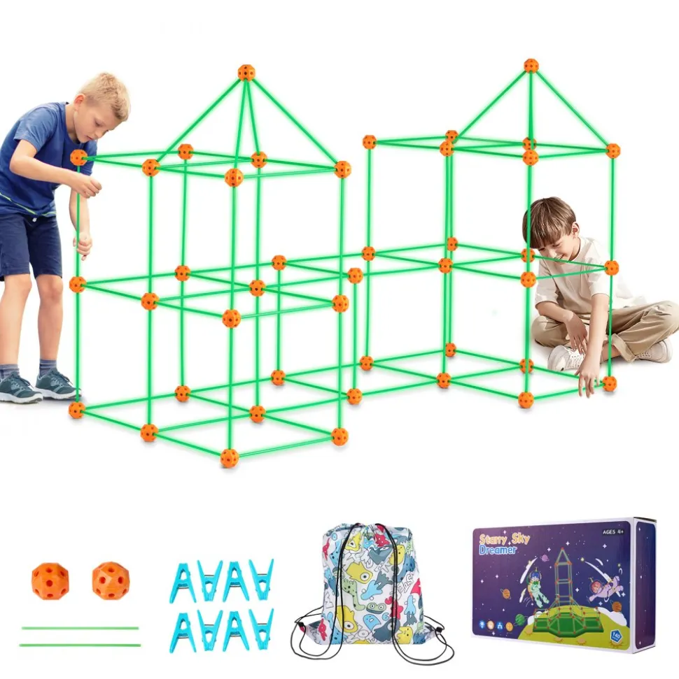 VEVOR Fort Building Kit for Kids, 140PCS Glow in The Dark STEM Building Toys, Educational Gift for 4 5 6 7 8+ Year Old Boys & Girls Indoor Outdoor Play Tent Construction Toys with 96 Rods and 44 Balls