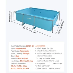 VEVOR Frame Above Ground Swimming Pool, 118 x 78 x 30 in Rectangular Steel Metal Frame, Large Rectangle Outdoor Backyard Family Pool, Easy to Assemble Rust-Resistant, 1046 Gallon Water Capacity, Blue