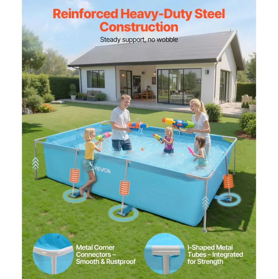 VEVOR Frame Above Ground Swimming Pool, 118 x 78 x 30 in Rectangular Steel Metal Frame, Large Rectangle Outdoor Backyard Family Pool, Easy to Assemble Rust-Resistant, 1046 Gallon Water Capacity, Blue