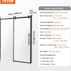 VEVOR Frameless Shower Door, 58-59 W x 75 H in, Shower Sliding Glass Door with 5/16 in(8mm) Clear SGCC Tempered Glass, Waterproof Shatterproof Stainproof with Stainless Steel Hardware, Matte Black
