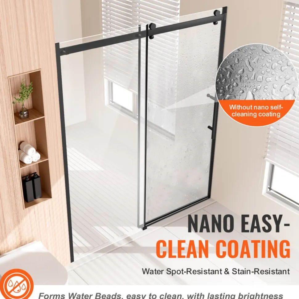 VEVOR Frameless Shower Door, 58-59 W x 75 H in, Shower Sliding Glass Door with 5/16 in(8mm) Clear SGCC Tempered Glass, Waterproof Shatterproof Stainproof with Stainless Steel Hardware, Matte Black