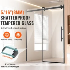 VEVOR Frameless Shower Door, 58-59 W x 75 H in, Shower Sliding Glass Door with 5/16 in(8mm) Clear SGCC Tempered Glass, Waterproof Shatterproof Stainproof with Stainless Steel Hardware, Matte Black
