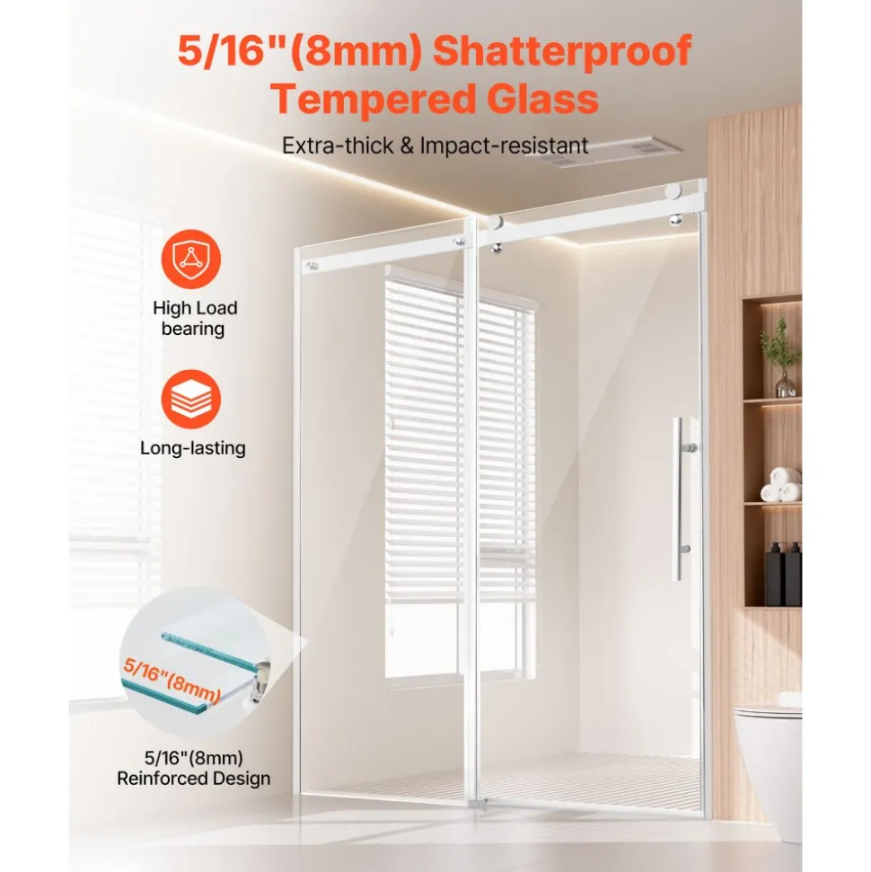 VEVOR Frameless Shower Door, 58-59 W x 75 H in, Shower Sliding Glass Door with 5/16 in(8mm) Clear SGCC Tempered Glass, Waterproof Shatterproof NANO Stainproof with Stainless Steel Hardware, Chrome