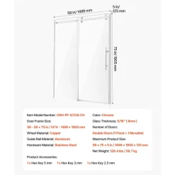 VEVOR Frameless Shower Door, 58-59 W x 75 H in, Shower Sliding Glass Door with 5/16 in(8mm) Clear SGCC Tempered Glass, Waterproof Shatterproof NANO Stainproof with Stainless Steel Hardware, Chrome