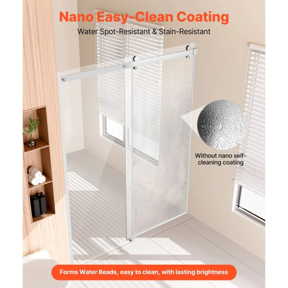 VEVOR Frameless Shower Door, 58-59 W x 75 H in, Shower Sliding Glass Door with 5/16 in(8mm) Clear SGCC Tempered Glass, Waterproof Shatterproof NANO Stainproof with Stainless Steel Hardware, Chrome