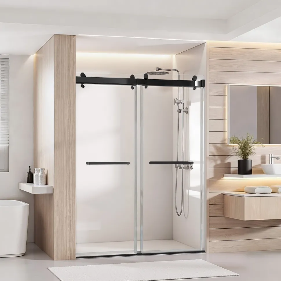 VEVOR Frameless Shower Door, 48" W x 76" H, Shower Sliding Glass Door with 3/8" (10 mm) Thick Clear Tempered Glass, Noiseless Shatterproof Nano Coating, with Rail, Seal Strip and Hardware Kit