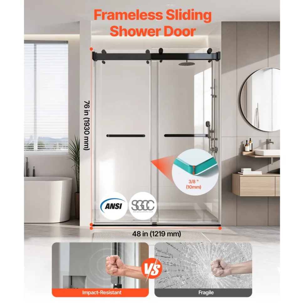 VEVOR Frameless Shower Door, 48" W x 76" H, Shower Sliding Glass Door with 3/8" (10 mm) Thick Clear Tempered Glass, Noiseless Shatterproof Nano Coating, with Rail, Seal Strip and Hardware Kit