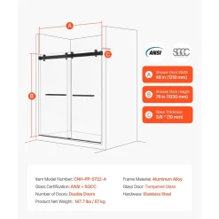 VEVOR Frameless Shower Door, 48