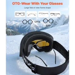 VEVOR Frameless Ski Goggles, Magnet Cylindrical Lens with Dark Blue Revo Coating, OTG Anti fog Snow Goggles for Men Women, TPU Frame & Ventilation Structure, Fit for Skiing, Skating, Snowboarding