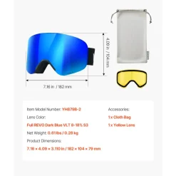 VEVOR Frameless Ski Goggles, Magnet Cylindrical Lens with Dark Blue Revo Coating, OTG Anti fog Snow Goggles for Men Women, TPU Frame & Ventilation Structure, Fit for Skiing, Skating, Snowboarding