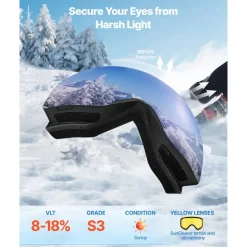 VEVOR Frameless Ski Goggles, Magnet Cylindrical Lens with Dark Blue Revo Coating, OTG Anti fog Snow Goggles for Men Women, TPU Frame & Ventilation Structure, Fit for Skiing, Skating, Snowboarding