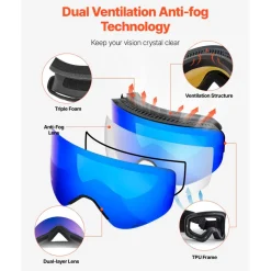 VEVOR Frameless Ski Goggles, Magnet Cylindrical Lens with Dark Blue Revo Coating, OTG Anti fog Snow Goggles for Men Women, TPU Frame & Ventilation Structure, Fit for Skiing, Skating, Snowboarding