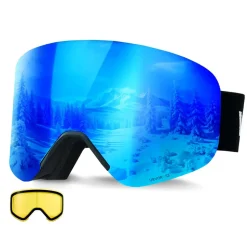 VEVOR Frameless Ski Goggles, Magnet Cylindrical Lens with Dark Blue Revo Coating, OTG Anti fog Snow Goggles for Men Women, TPU Frame & Ventilation Structure, Fit for Skiing, Skating, Snowboarding