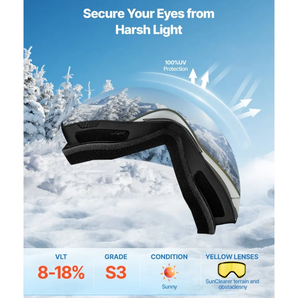 VEVOR Frameless Ski Goggles, Magnet Cylindrical Lens with Silver Mirror Revo Coating, OTG Anti fog Snow Goggles for Men Women, TPU Frame & Ventilation Structure, Fit for Skiing, Skating, Snowboarding