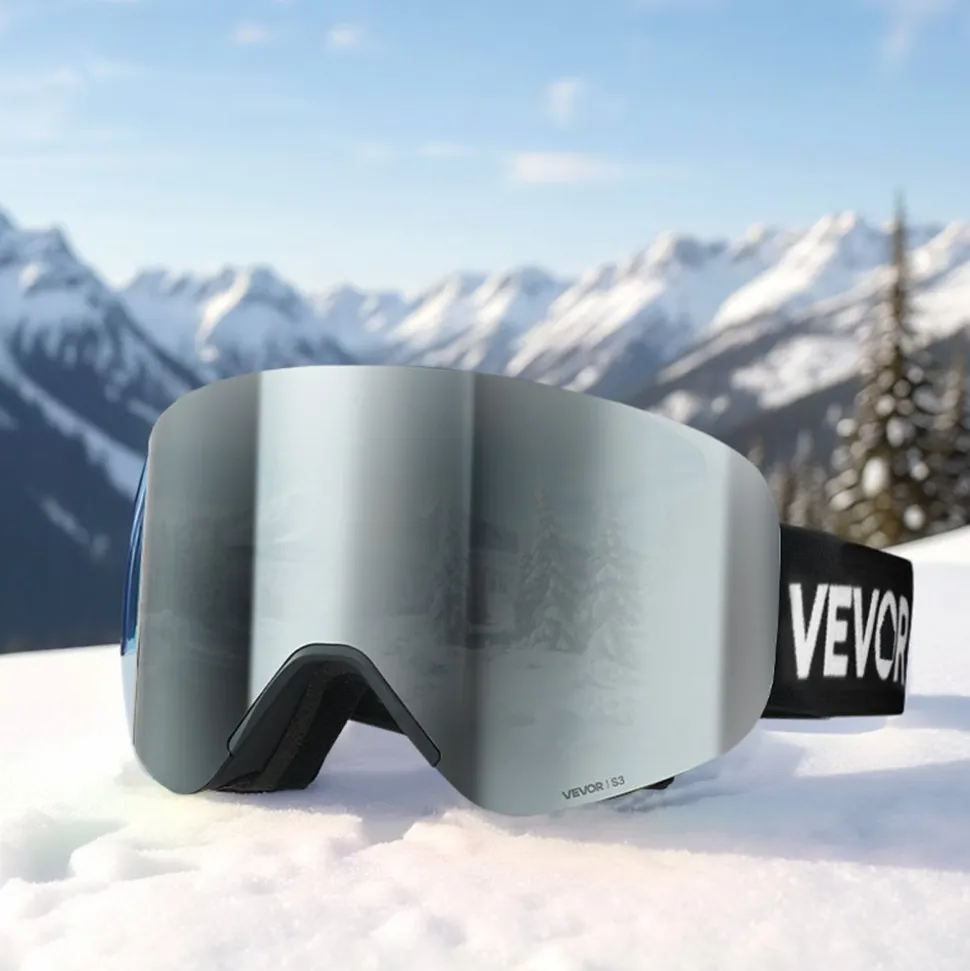 VEVOR Frameless Ski Goggles, Magnet Cylindrical Lens with Silver Mirror Revo Coating, OTG Anti fog Snow Goggles for Men Women, TPU Frame & Ventilation Structure, Fit for Skiing, Skating, Snowboarding