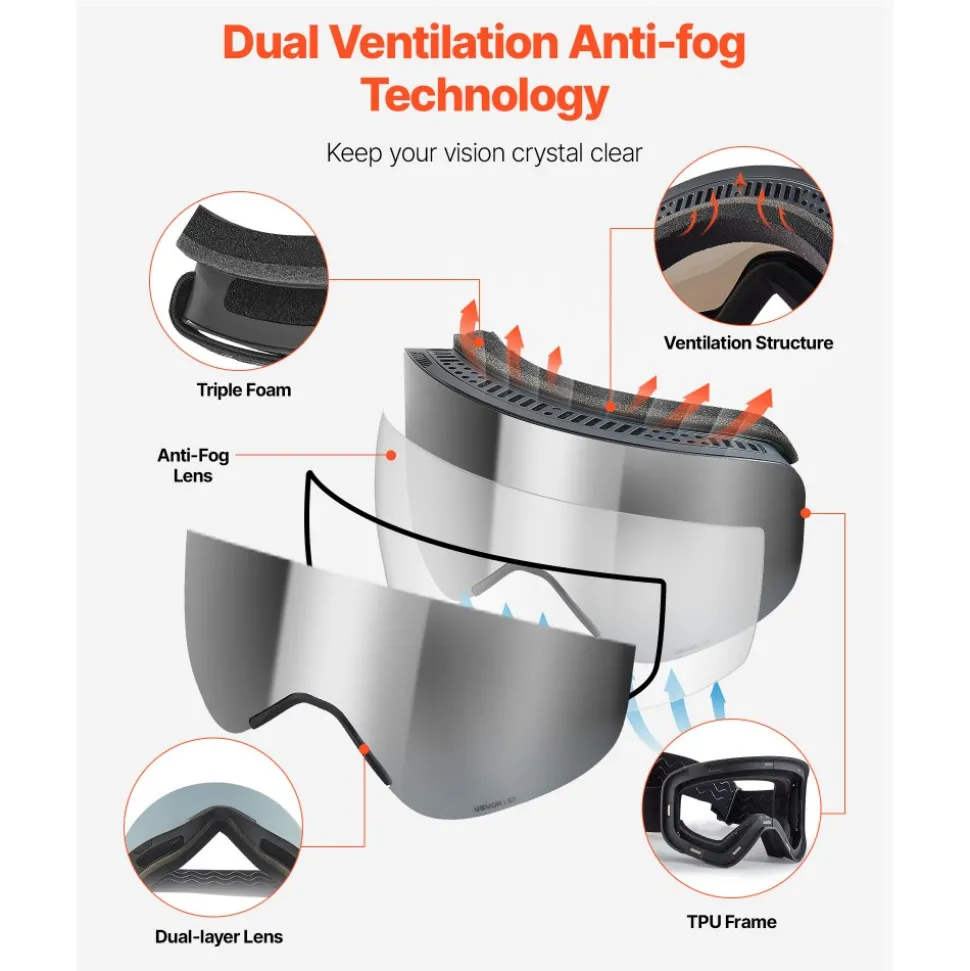 VEVOR Frameless Ski Goggles, Magnet Cylindrical Lens with Silver Mirror Revo Coating, OTG Anti fog Snow Goggles for Men Women, TPU Frame & Ventilation Structure, Fit for Skiing, Skating, Snowboarding