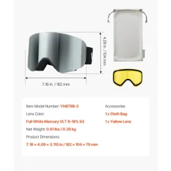 VEVOR Frameless Ski Goggles, Magnet Cylindrical Lens with Silver Mirror Revo Coating, OTG Anti fog Snow Goggles for Men Women, TPU Frame & Ventilation Structure, Fit for Skiing, Skating, Snowboarding