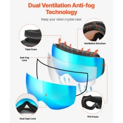 VEVOR Frameless Ski Goggles, Spherical Lens with Blue Revo Coating, OTG Anti fog Snow Goggles for Men Women Youth, TPU Frame & Ventilation Structure, Suitable for Skiing, Skating, Snowboarding