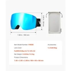 VEVOR Frameless Ski Goggles, Spherical Lens with Blue Revo Coating, OTG Anti fog Snow Goggles for Men Women Youth, TPU Frame & Ventilation Structure, Suitable for Skiing, Skating, Snowboarding