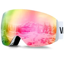 VEVOR Frameless Ski Goggles, Spherical Lens with Pink Revo Coating, OTG Anti fog Snow Goggles for Men Women Youth, TPU Frame & Ventilation Structure, Suitable for Skiing, Skating, Snowboarding