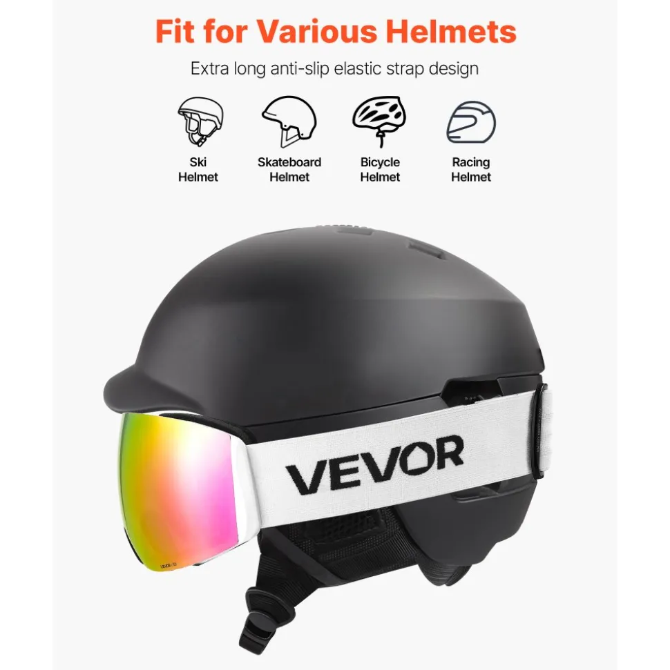 VEVOR Frameless Ski Goggles, Spherical Lens with Pink Revo Coating, OTG Anti fog Snow Goggles for Men Women Youth, TPU Frame & Ventilation Structure, Suitable for Skiing, Skating, Snowboarding